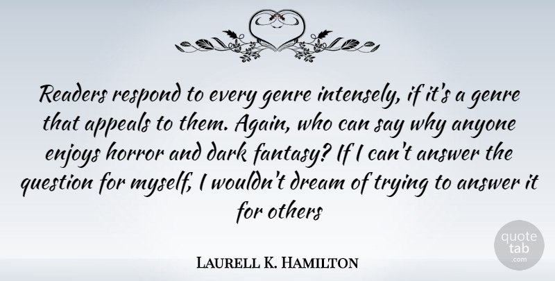 Laurell K. Hamilton Quote About Dream, Dark, Trying: Readers Respond To Every Genre...