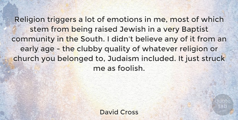 David Cross Quote About Age, Baptist, Believe, Belonged, Church: Religion Triggers A Lot Of...
