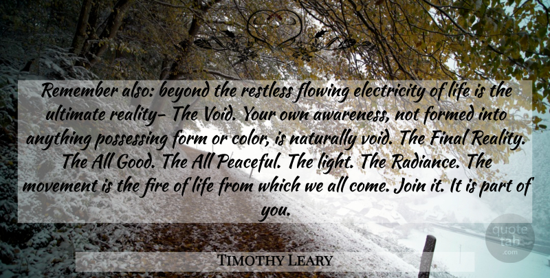 Timothy Leary Quote About Reality, Light, Color: Remember Also Beyond The Restless...