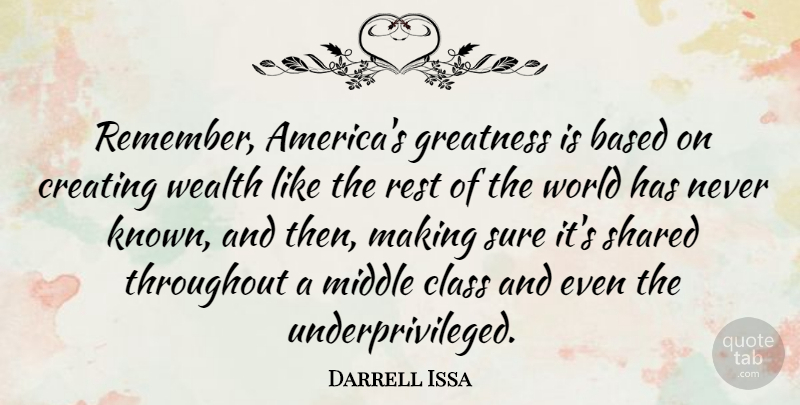 Darrell Issa Quote About Greatness, Class, Creating: Remember Americas Greatness Is Based...