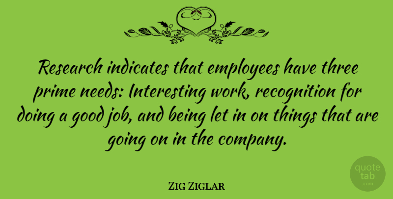 Zig Ziglar Quote About Employees, Good, Prime, Three, Work: Research Indicates That Employees Have...