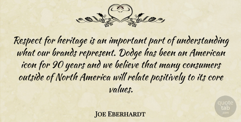 Joe Eberhardt Quote About America, Believe, Brands, Consumers, Core: Respect For Heritage Is An...
