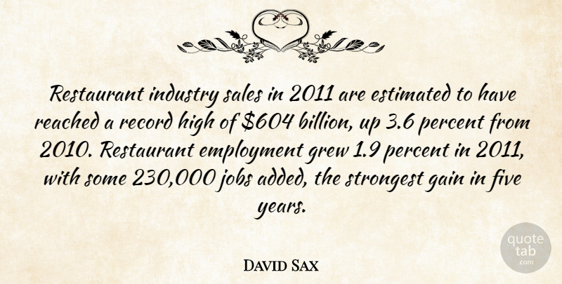 David Sax Quote About Employment, Estimated, Five, Gain, Grew: Restaurant Industry Sales In 2011...