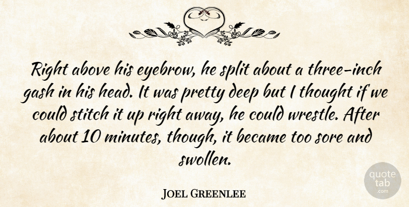 Joel Greenlee Quote About Above, Became, Deep, Sore, Split: Right Above His Eyebrow He...