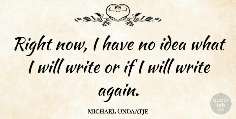 Michael Ondaatje Quote About Writing, Ideas, No Idea: Right Now I Have No...