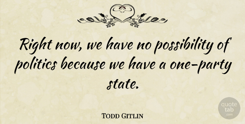 Todd Gitlin Quote About Party, Possibility, States: Right Now We Have No...
