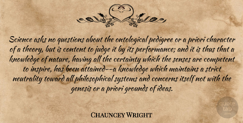Chauncey Wright Quote About Philosophical, Character, Ideas: Science Asks No Questions About...