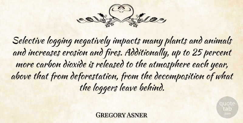 Gregory Asner Quote About Above, Animals, Atmosphere, Carbon, Erosion: Selective Logging Negatively Impacts Many...