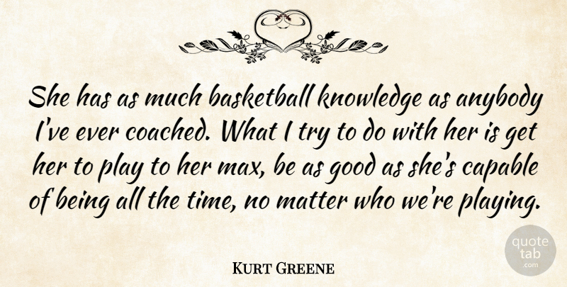 Kurt Greene Quote About Anybody, Basketball, Capable, Good, Knowledge: She Has As Much Basketball...