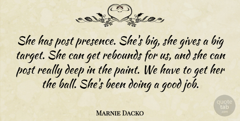 Marnie Dacko Quote About Deep, Gives, Good, Post, Rebounds: She Has Post Presence Shes...
