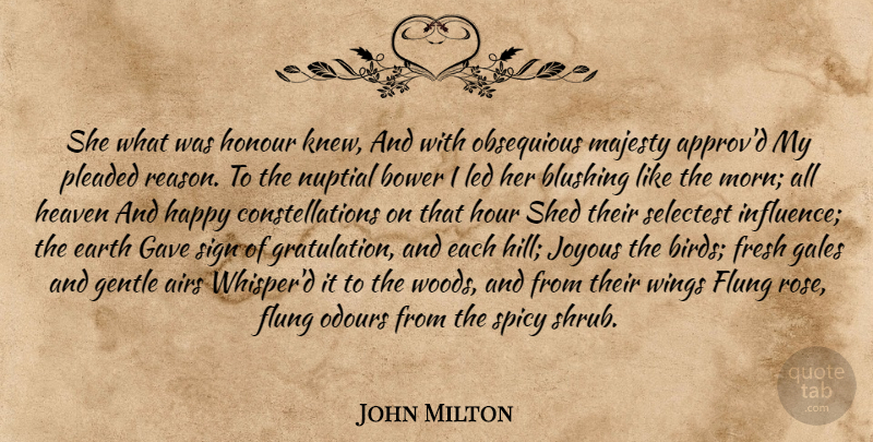 John Milton Quote About Happiness, Wings, Air: She What Was Honour Knew...