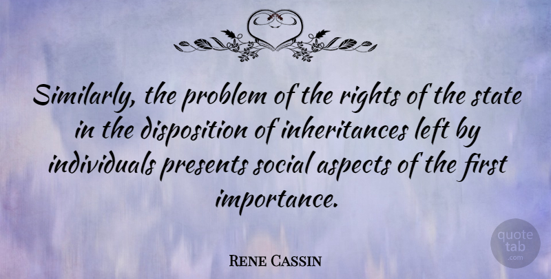 Rene Cassin Quote About Aspects, Left, Presents, State: Similarly The Problem Of The...