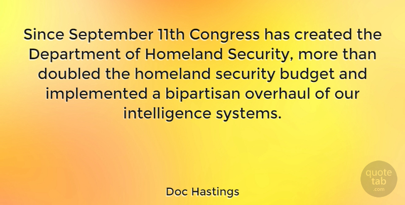 Doc Hastings Quote About September, Congress, Homeland Security: Since September 11th Congress Has...