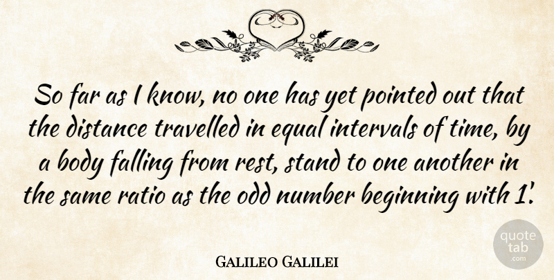 Galileo Galilei Quote About Beginning, Body, Distance, Equal, Falling: So Far As I Know...