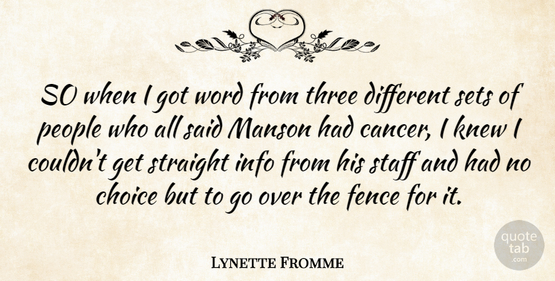 Lynette Fromme Quote About Cancer, People, Choices: So When I Got Word...