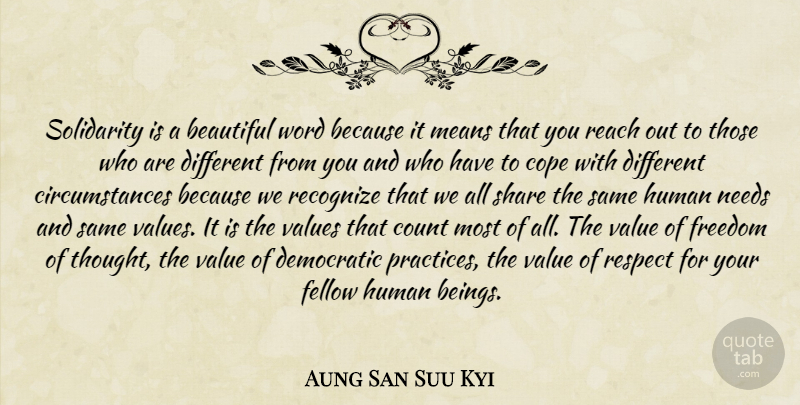 Aung San Suu Kyi Quote About Beautiful, Mean, Practice: Solidarity Is A Beautiful Word...