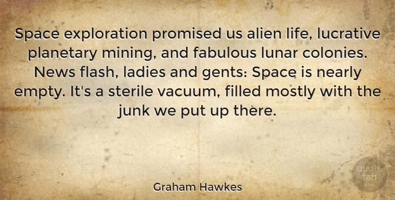 Graham Hawkes Quote About Alien, Fabulous, Filled, Junk, Ladies: Space Exploration Promised Us Alien...