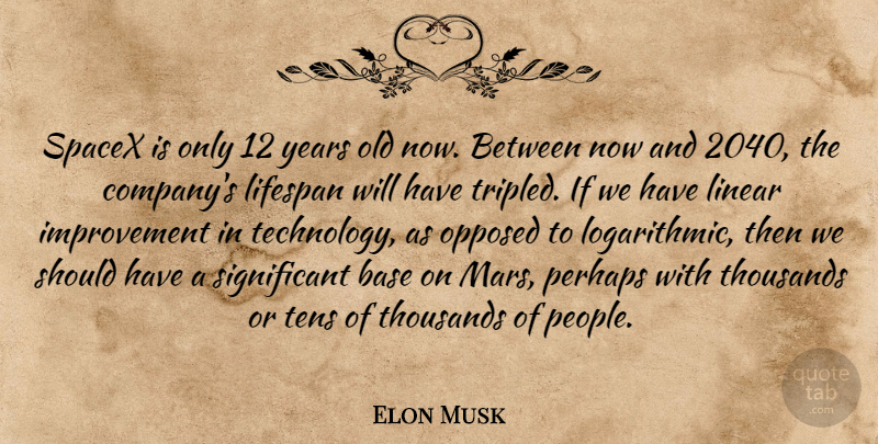 Elon Musk Quote About Base, Improvement, Linear, Opposed, Perhaps: Spacex Is Only 12 Years...