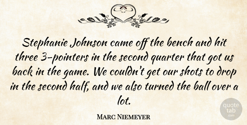Marc Niemeyer Quote About Ball, Bench, Came, Drop, Hit: Stephanie Johnson Came Off The...