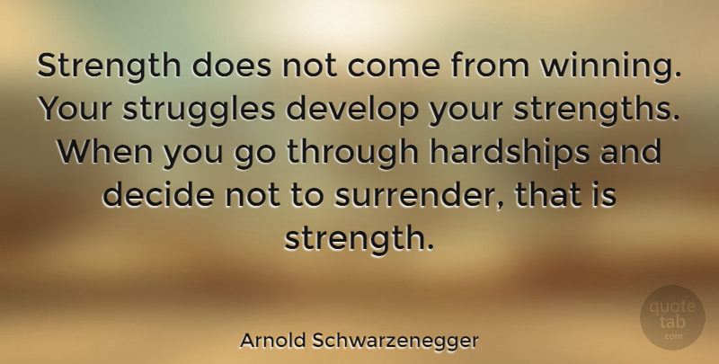 Arnold Schwarzenegger Quote About Inspirational, Motivational, Strength: Strength Does Not Come From...