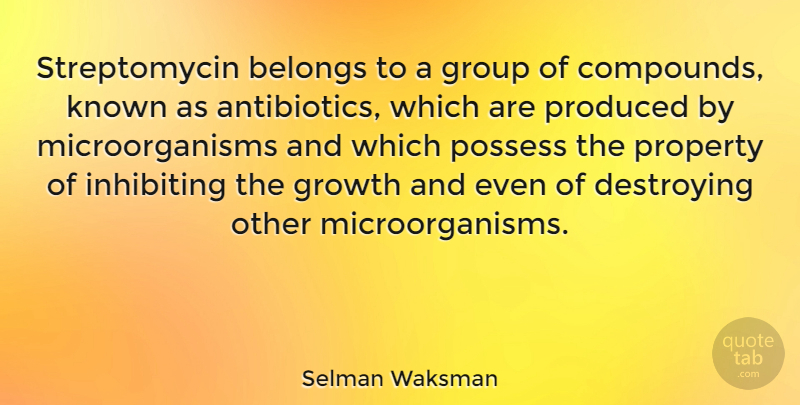 Selman Waksman Quote About Belongs, Destroying, Known, Possess, Produced: Streptomycin Belongs To A Group...