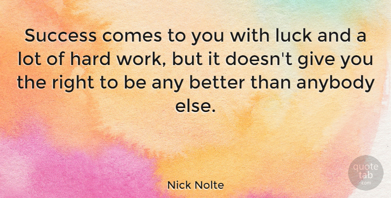 Nick Nolte Quote About Anybody, Hard, Success, Work: Success Comes To You With...