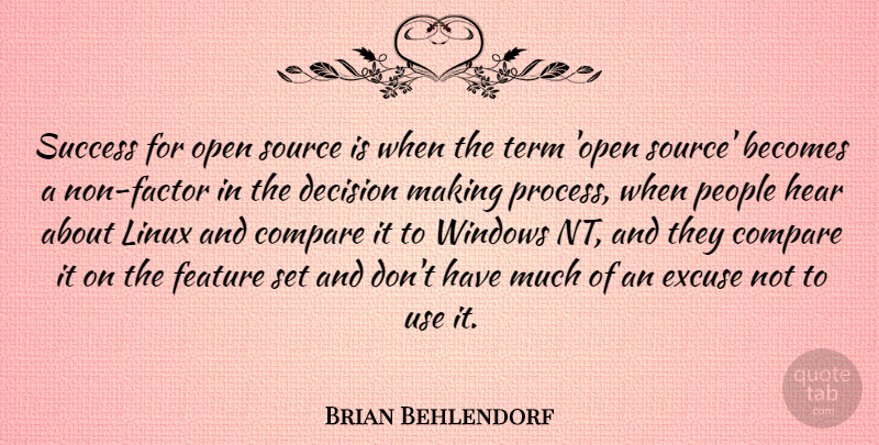 Brian Behlendorf Quote About Becomes, Compare, Excuse, Feature, Hear: Success For Open Source Is...