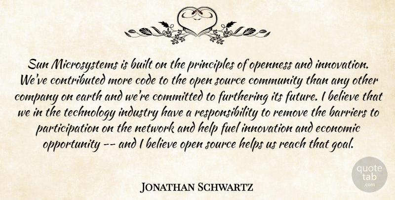 Jonathan Schwartz Quote About Barriers, Believe, Built, Code, Committed: Sun Microsystems Is Built On...