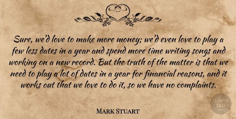 Mark Stuart Quote About Dates, Few, Financial, Less, Love: Sure Wed Love To Make...