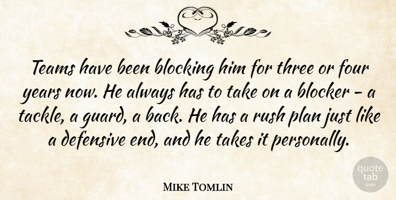Mike Tomlin Quote About Blocking, Defensive, Four, Plan, Rush: Teams Have Been Blocking Him...