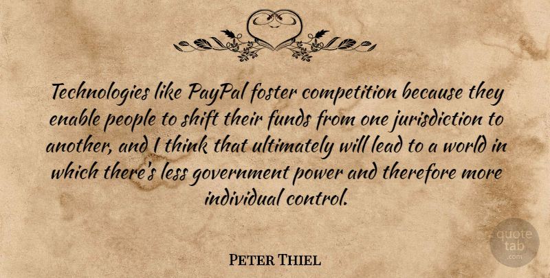 Peter Thiel Quote About Competition, Enable, Foster, Funds, Government: Technologies Like Paypal Foster Competition...