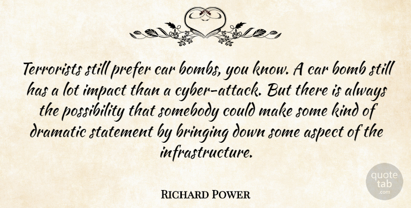 Richard Power Quote About Aspect, Bomb, Bringing, Car, Dramatic: Terrorists Still Prefer Car Bombs...