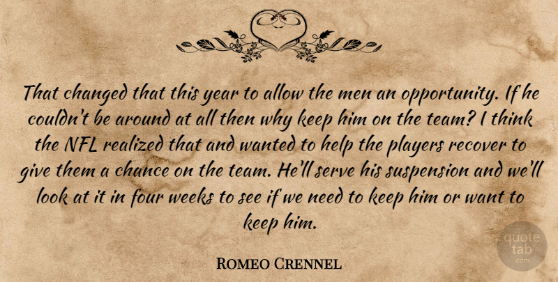 Romeo Crennel Quote About Allow, Chance, Changed, Four, Help: That Changed That This Year...