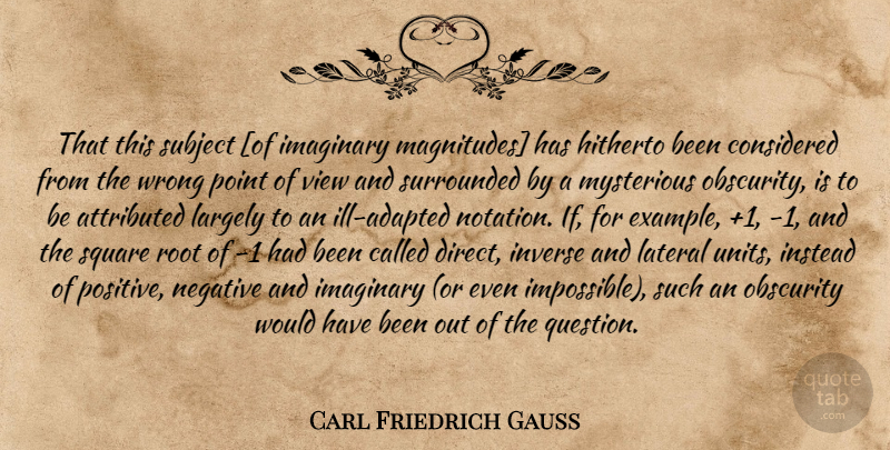 Carl Friedrich Gauss Quote About Views, Roots, Squares: That This Subject Of Imaginary...