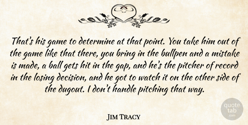 Jim Tracy Quote About Ball, Bring, Bullpen, Determine, Game: Thats His Game To Determine...