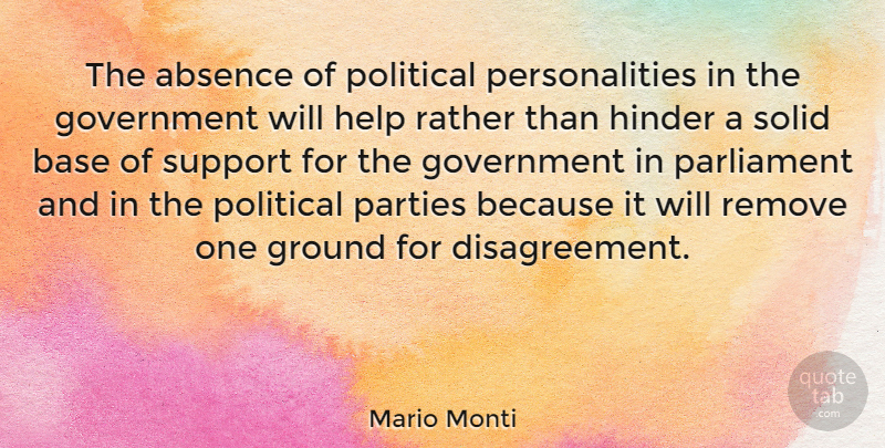 Mario Monti Quote About Absence, Base, Government, Ground, Hinder: The Absence Of Political Personalities...