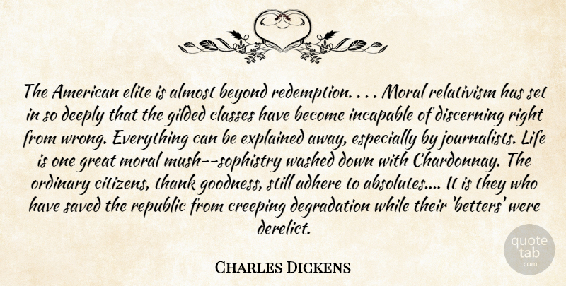 Charles Dickens Quote About Class, Citizens, Degradation: The American Elite Is Almost...