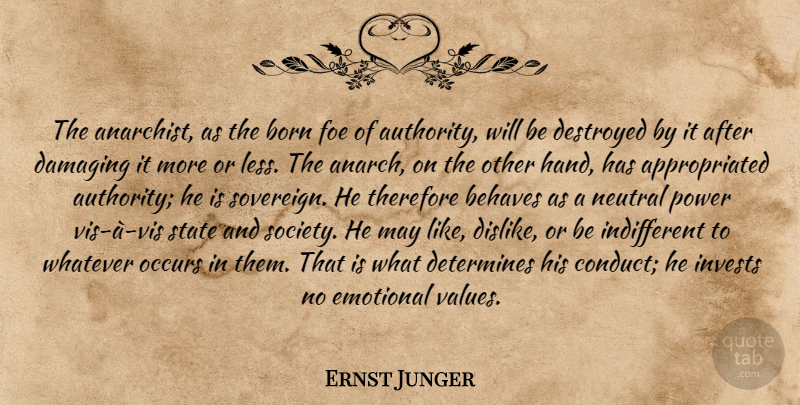 Ernst Junger Quote About Emotional, Hands, May: The Anarchist As The Born...