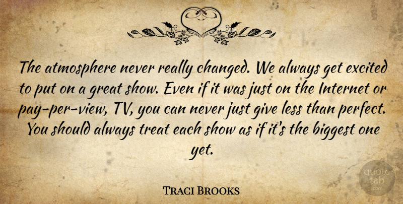 Traci Brooks Quote About Atmosphere, Biggest, Excited, Great, Internet: The Atmosphere Never Really Changed...