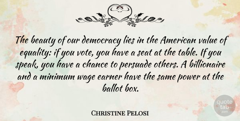 Christine Pelosi Quote About Lying, Democracy, Minimum Wage: The Beauty Of Our Democracy...