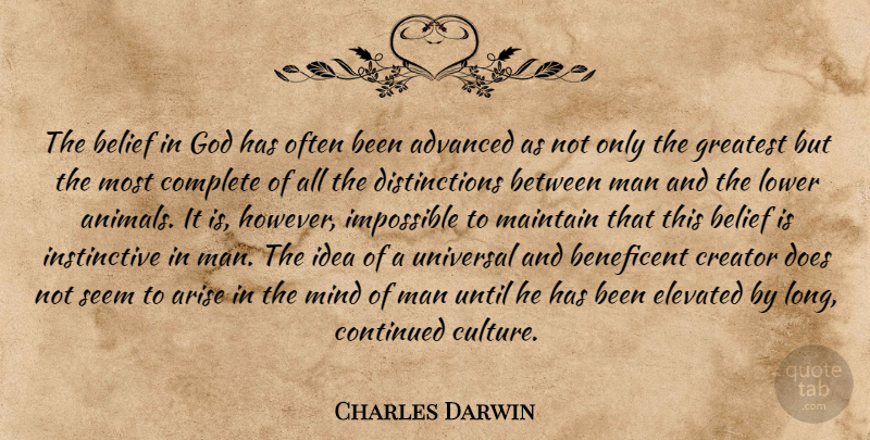 Charles Darwin Quote About Advanced, Arise, Belief, Complete, Continued: The Belief In God Has...