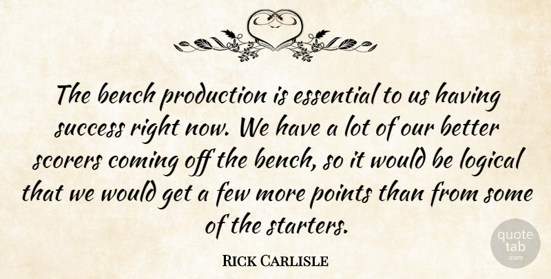 Rick Carlisle Quote About Bench, Coming, Essential, Few, Logical: The Bench Production Is Essential...