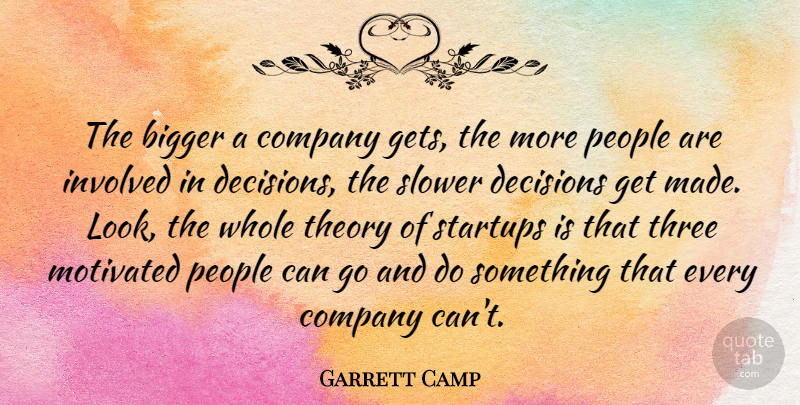 Garrett Camp Quote About Bigger, Involved, Motivated, People, Slower: The Bigger A Company Gets...