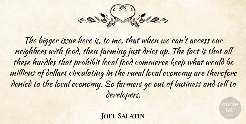 Joel Salatin Quote About Access, Bigger, Business, Commerce, Denied: The Bigger Issue Here Is...