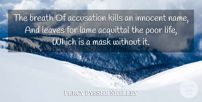 Percy Bysshe Shelley Quote About Names, Lame, Innocent: The Breath Of Accusation Kills...