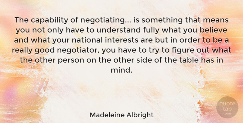 Madeleine Albright Quote About Believe, Mean, Order: The Capability Of Negotiating Is...