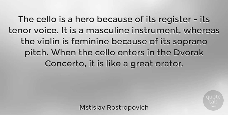 Mstislav Rostropovich Quote About Hero, Voice, Violin: The Cello Is A Hero...