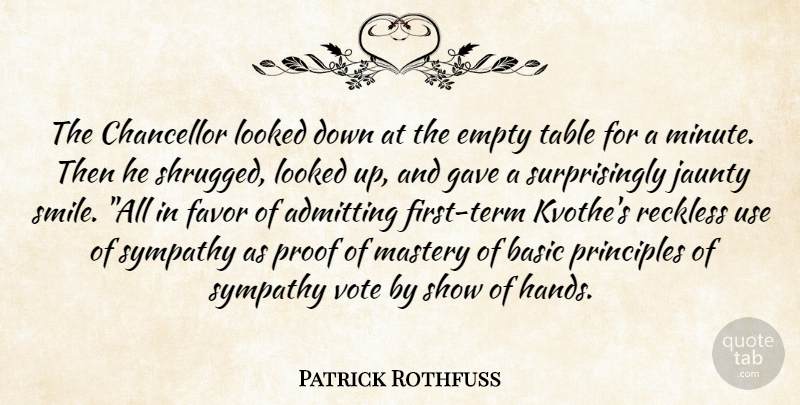 Patrick Rothfuss Quote About Hands, Mastery, Admitting: The Chancellor Looked Down At...