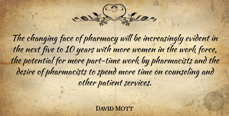 David Mott Quote About Changing, Counseling, Desire, Evident, Face: The Changing Face Of Pharmacy...