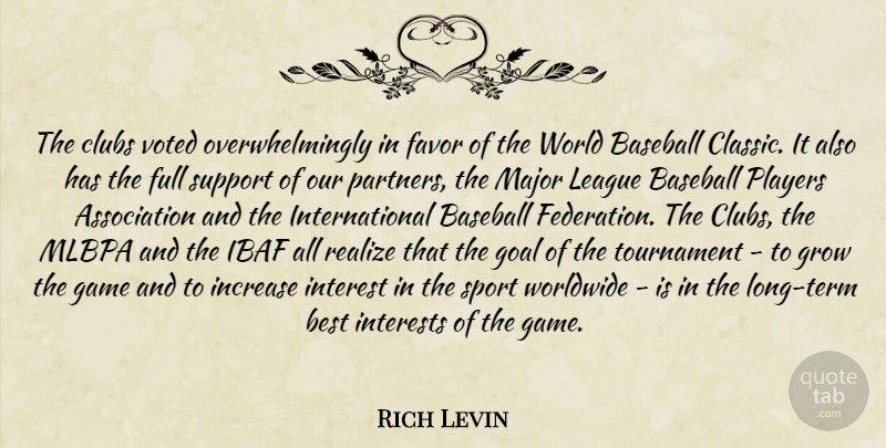Rich Levin Quote About Baseball, Best, Clubs, Favor, Full: The Clubs Voted Overwhelmingly In...